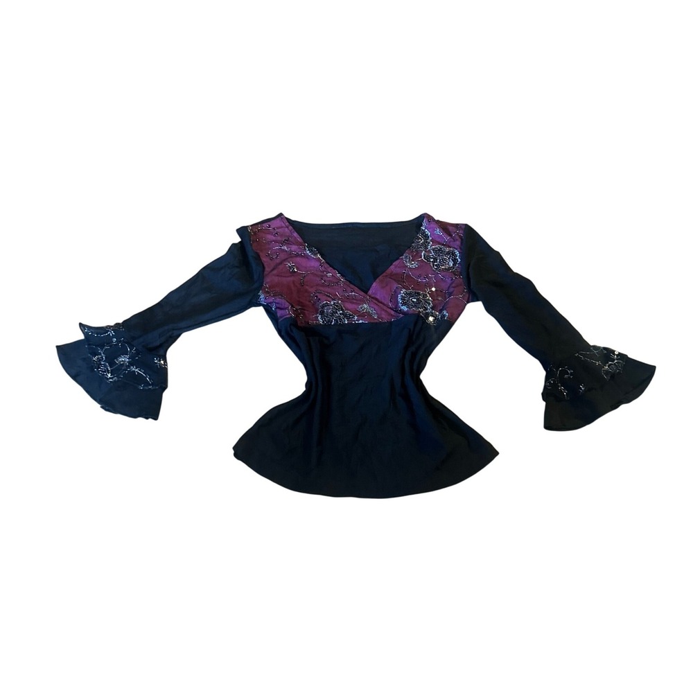 Ichioku Black Burgundy Floral Sequin WhimsyGoth V-Neck BellSleeve Top Gothic Y2K